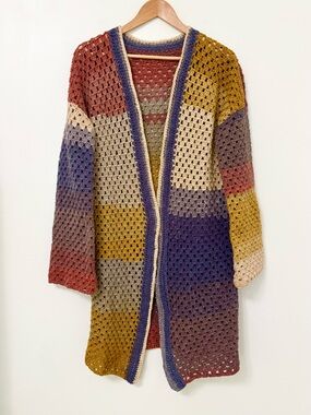 Autumn Boho Crochet Open Front Duster Cardigan | Earthy Fall Tones | Sz L